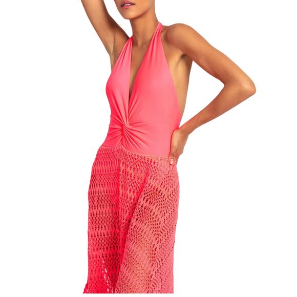 PATBO Crochet Beach Dress Halterneck  Neon Coral Resort Influencer Medium NWT - Picture 11 of 11